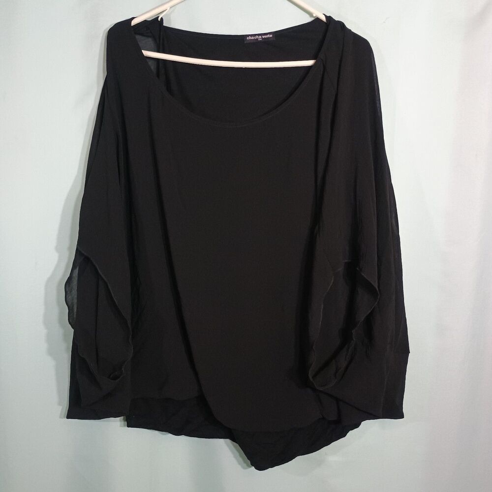 Cha Cha Vente Women’s Black Draped Blouse – Sheer Dolman Sleeve Layered Top